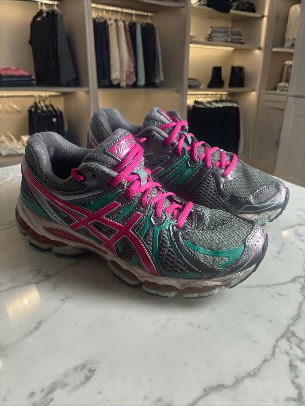 ASICS Gel Women’s Running Shoes Gray Pink Teal Cushion GEL Technology Size 10